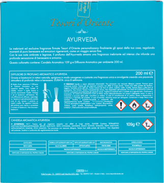 Tył opakowania zestawu zapachowego Tesori d'Oriente Ayurveda: turkusowe pudełko z włoskim opisem i ikonami.