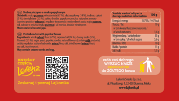 Czerwone opakowanie Lajkonik mini paluchy paprykowe, widok z tyłu z listą składników i QR kodem.