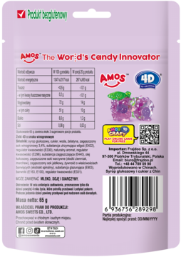 Tył jasnofioletowego opakowania bezglutenowych żelek AMOS 4D w kształcie winogron, z etykietą składu i kodem.