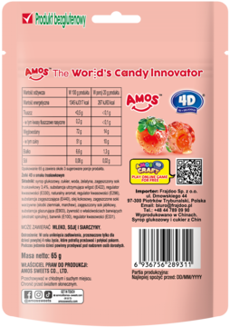 Tył różowego opakowania bezglutenowych żelków AMOS 4D The World's Candy Innovator truskawkowych, ze składem i tabelą odżywczą.