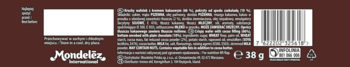 Tył opakowania wafela z kremem kakaowym i czekoladą. Widoczne informacje, logo Mondelēz, kod kreskowy, 38g.