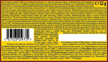 Tył żółto-czerwonego opakowania bezcukrowych cukierków cola, z tekstem, składnikami i kodem kreskowym.