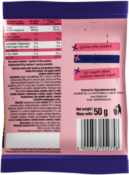 Tył opakowania ciastka owsianego bezglutenowego. Tabela odżywcza, składniki, waga 50g, bez cukru.