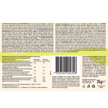 Tył opakowania czekoladowego wafelka bez cukru i glutenu na beżowym tle, z kodem kreskowym i wagą 35g.