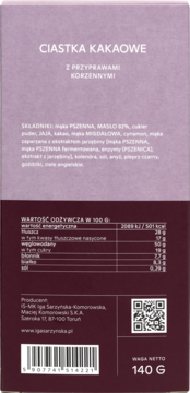 Tył opakowania ciastek kakaowych z przyprawami korzennymi. Widoczne składniki, tabela wartości odżywczych i kod.