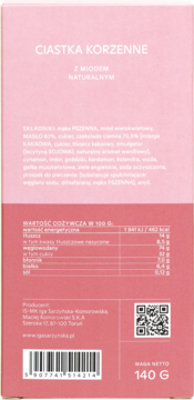 Tył opakowania ciastek korzennych z miodem, widoczne składniki i tabela wartości odżywczych na różowym tle.