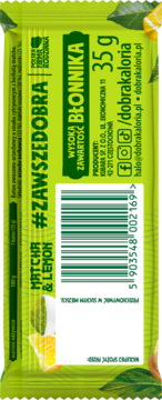 Tył zielonego opakowania batona Dobrakaloria Matcha & Lemon 35g, z kodem kreskowym i napisem WYSOKA ZAWARTOŚĆ BŁONNIKA.