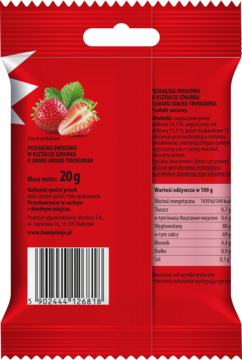 Tył czerwonej, miękkiej torebki Lasso truskawkowe Bunny Ninja, spiralnej przekąski owocowej. Widoczne info o składzie.