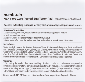 Tył opakowania numbuzin No.4 Pore Zero Peeled Egg Toner Pad z etykietą, składem i instrukcjami użycia.
