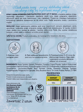 Tył niebieskiego opakowania Isana hydrożelowe płatki pod oczy Let It Snow z polskim opisem, składnikami i kodem.