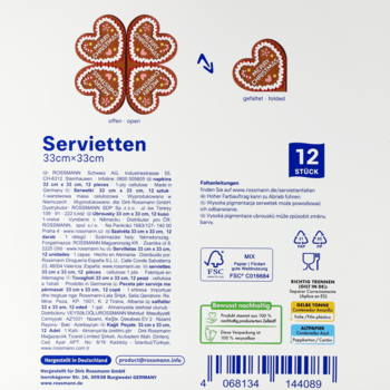 Tył opakowania serwetek Alouette Pierniczki Serduszka, 12 sztuk, 33x33 cm, z opisem produktu i symbolami recyklingu.