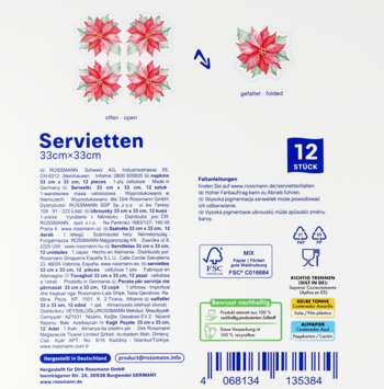 Tył opakowania świątecznych serwetek papierowych Alouette z motywem Gwiazdy Betlejemskiej, widoczne informacje i kod kreskowy.