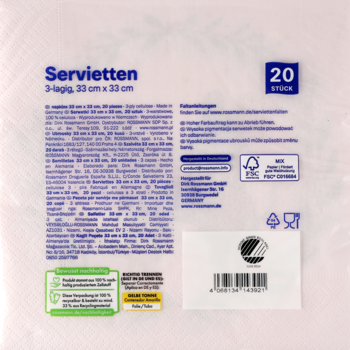 Tył białego opakowania serwetek papierowych, 20 sztuk, 3-warstwowe, 33x33 cm. Widoczny kod kreskowy i certyfikaty.