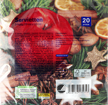 Tył opakowania 20 papierowych serwetek Alouette 33x33cm z motywem jabłek, cynamonu i orzechów. Widoczny kod kreskowy.