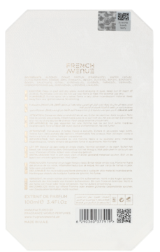 Tył białego opakowania perfum French Avenue Veneno Bianco 100ml z kodem kreskowym, tekstem i hologramem.