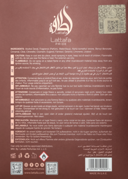 Tył brązowego opakowania perfum Lattafa Pride Vintage Radio z ostrzeżeniami i składem w wielu językach.