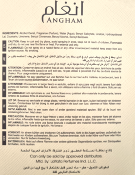 Tył etykiety perfum Angham, widok z góry, z wielojęzycznymi ostrzeżeniami i listą składników.