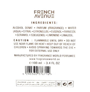 Tył opakowania perfum French Avenue z listą składników, ostrzeżeniami i danymi producenta.