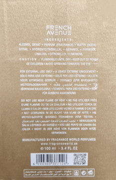 Tył złotego opakowania perfum French Avenue 100 ml z czarnym tekstem o składnikach, ostrzeżeniach i producencie.