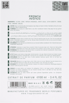 Tył białego opakowania perfum French Avenue Extrait de Parfum 100 ml z listą składników i kodem EAN.