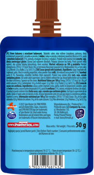 Tył niebieskiego poucha kremu czekoladowego z orzechami laskowymi, widoczne składniki, wartości odżywcze i kod.