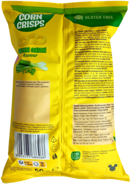 Tył żółtego opakowania Corn Crisps o smaku zielonej cebulki, z tabelą wartości odżywczych i kodem kreskowym.