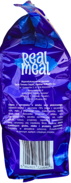 Tył fioletowej paczki chipsów soczewicowych Real Meal z serem pleśniowym, z tekstem i kodem kreskowym.