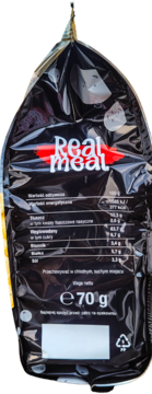 Tył czarnego opakowania chipsów ziemniaczanych Real Meal, widoczna tabela wartości odżywczych i waga 70g.