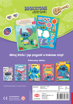 Tylna okładka książki "BROKATOWE ubieranki" ze Stitchem, brokatowymi naklejkami do ubierania postaci Disney.