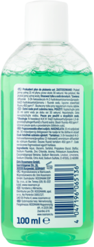 Tył zielonej butelki płynu do płukania ust 100 ml z białą etykietą zawierającą instrukcje i skład.