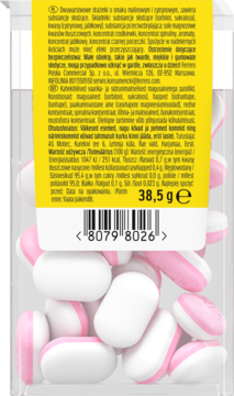 Tył przezroczystego pudełka z owalnymi, różowo-białymi miętówkami. Żółta etykieta ze składem i wagą 38,5 g.