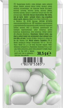 Tył przezroczystego opakowania miętowych cukierków z zielonym paskiem, widoczne etykiety z danymi odżywczymi i kodem kreskowym.