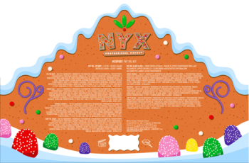 NYX Holiday Fat Gingerbread House Kit, opakowanie w kształcie domku z piernika, biała polewa, kolorowe cukierki.