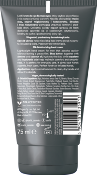 Tył czarnej tubki wegańskiego nawilżającego kremu do rąk dla mężczyzn 75 ml, z opisem i kodem kreskowym.