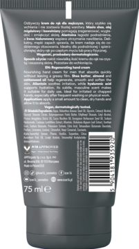 Tył szarej tubki odżywczego kremu do rąk dla mężczyzn 75 ml. Wegański, z masłem shea i olejem bawełnianym.