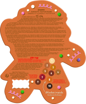 Tył palety cieni NYX Gingerbaddie w kształcie piernikowego ludzika, z 10 odcieniami i opisami.