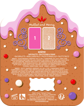NYX Buttermelt Face Palette, tył opakowania w kształcie domku z piernika z różem i rozświetlaczem.