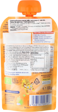 Tył pomarańczowego doypacka HiPP z musem owocowym dla dzieci, polski opis, wartości odżywcze, rysunek tygrysa.