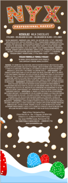 Tył opakowania eyelinera NYX Milk Chocolate, brązowe, imitujące ciastko, z listą składników i ostrzeżeniami.