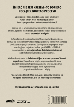 Tylna, beżowa okładka książki „Śmierć nie jest kresem” o świadomości i doświadczeniach śmierci, z czarnym tekstem.