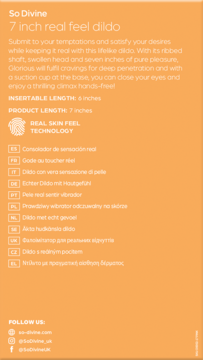Pomarańczowa karta So Divine 7 calowy dildo real feel z opisem technologii Real Skin Feel.