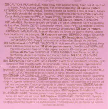 Tył opakowania perfum z białym tekstem, ostrzeżeniami o łatwopalności w wielu językach na różowym tle.