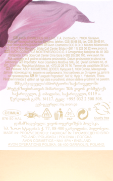 Tył opakowania kosmetyku Avon z danymi kontaktowymi, informacjami prawnymi i symbolami recyklingu, produkcja Polska.