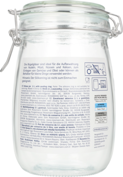Przezroczysty szklany słoik z klipsem do przechowywania, widok z boku, z białą etykietą i tekstem.