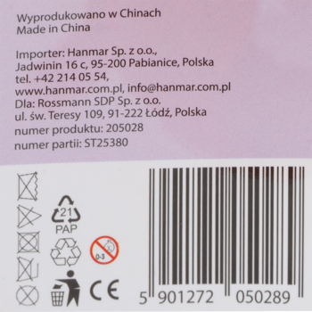 Tył opakowania produktu Rossmann z polskimi danymi producenta, symbolami recyklingu i ostrzegawczymi, oraz kodem kreskowym.