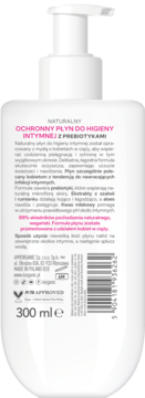 Tył białej butelki naturalnego płynu intymnego dla kobiet w ciąży, z prebiotykami, widoczny polski tekst, kod.