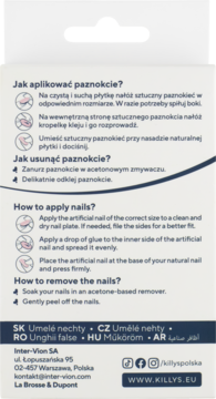 Tył opakowania sztucznych paznokci Killys z instrukcją aplikacji i usuwania w języku polskim i angielskim.