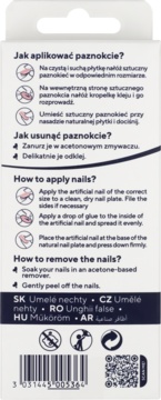 Tył białego opakowania sztucznych paznokci z instrukcją użycia po polsku i angielsku oraz kodem kreskowym.
