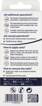 Tył opakowania sztucznych paznokci z instrukcją aplikacji i usuwania w jęz. polskim i angielskim, kodem kreskowym.
