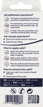 Tył opakowania sztucznych paznokci z instrukcjami aplikacji i usuwania w języku polskim i angielskim.